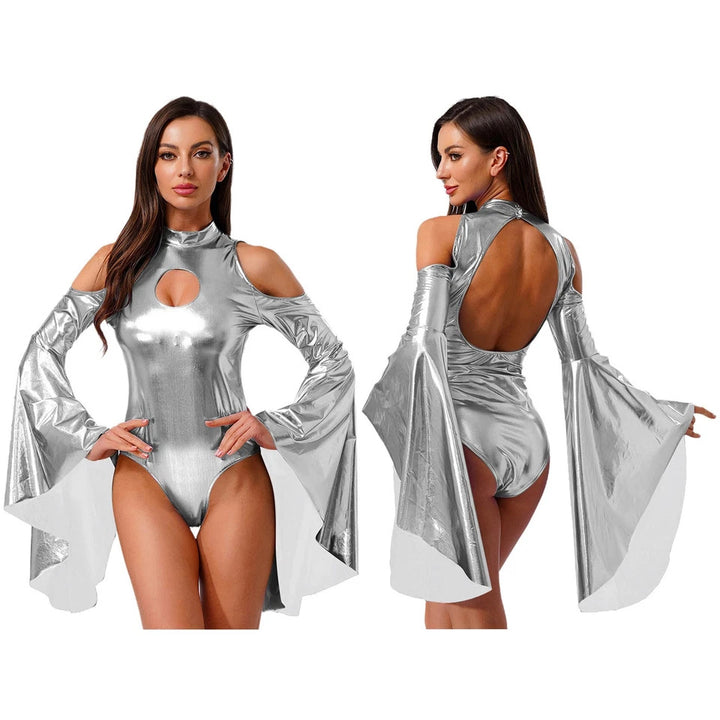 Damen Body mit schulterfreien Ärmeln und glamourösem Glanz Drune