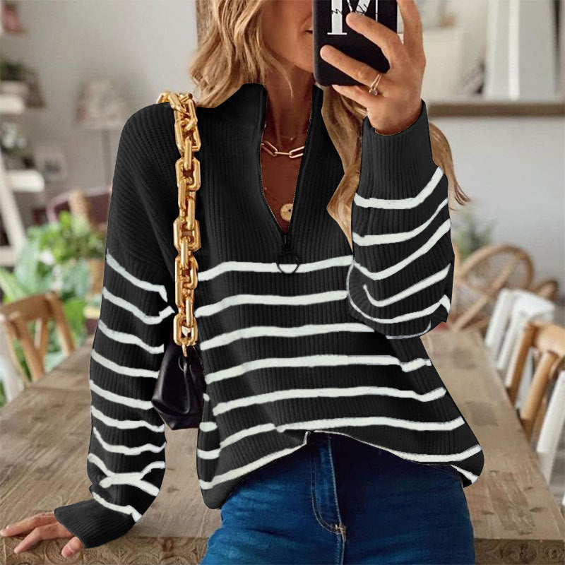Damen Strickpullover mit modischem Reißverschluss und Streifenmuster Drune
