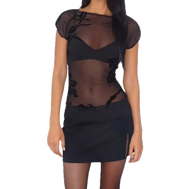 Damen Verspieltes Minikleid mit transparentem Oberteil und floralen Akzenten Drune