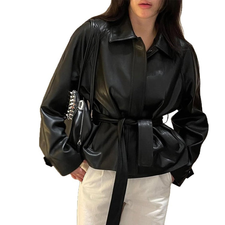 Damen Taillierbare Kunstlederjacke mit Wickelgürtel und kastiger Silhouette Drune