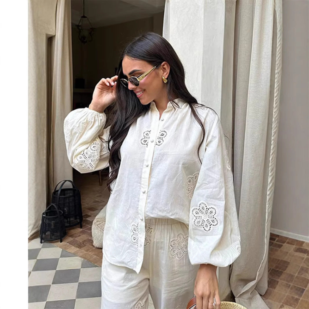 Damen luftige Baumwollbluse mit intricatem Stickdesign und weiten Ärmeln Drune