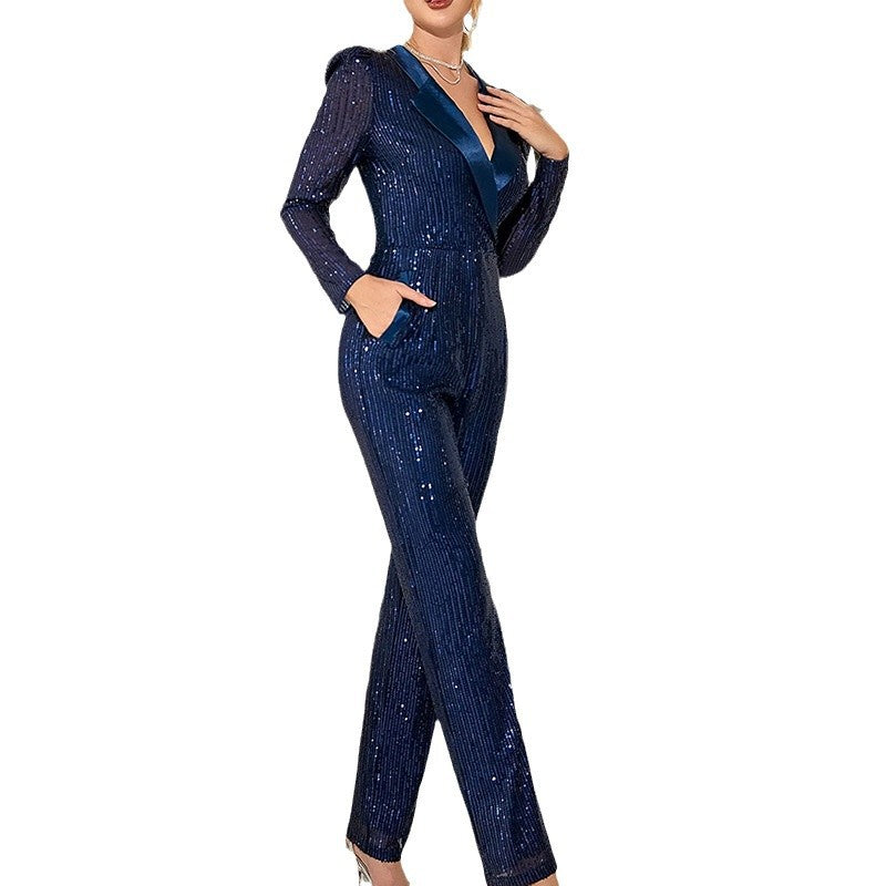 Damen Funkelnder Jumpsuit mit figurschmeichelndem Schnitt und elegantem V-Ausschnitt Drune