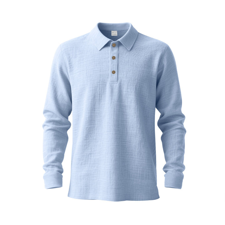 Herren nan Musselin-Langarm-Poloshirt mit Hemdkragen, kurzer Knopfleiste und natürlicher Knopfoptik Drune