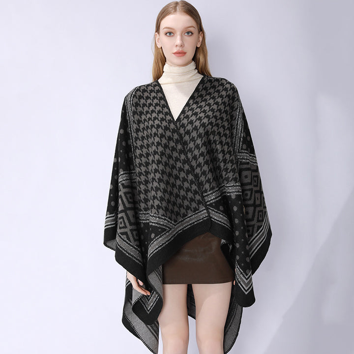 Damen Gewebter Jacquard‑Capeponcho mit Hahnentritt‑ und Ornamentmix Drune