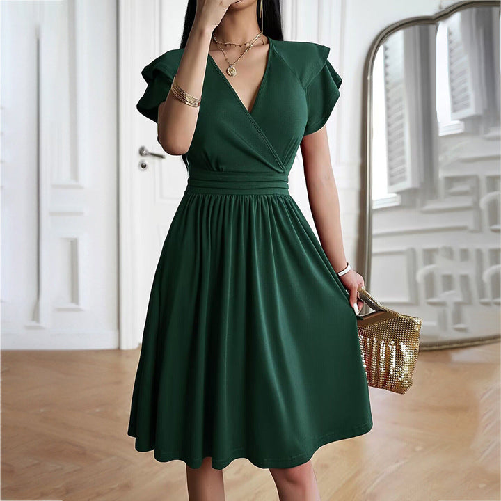 Drune | V-neck Solid Color Short Sleeve Dress for Women