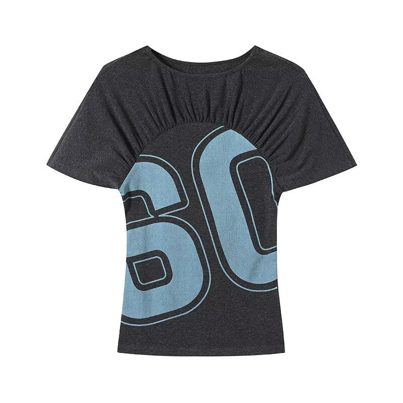 Damen lässiges Kurzarm-T-Shirt mit Raffung und grafischem Druck Drune