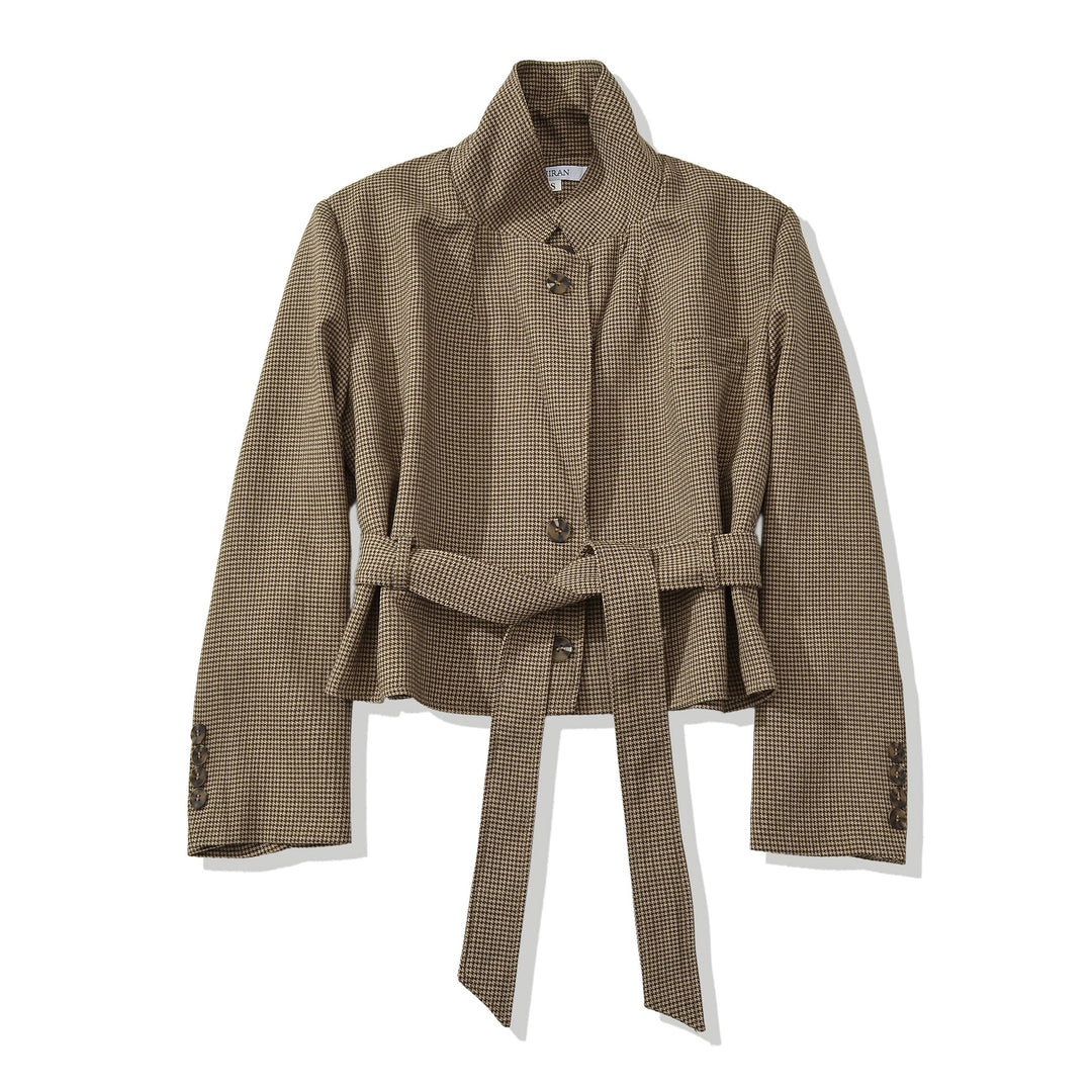 Damen Cropped Blazer mit Taillengürtel, Hahnentrittstruktur und Reverskragen Drune