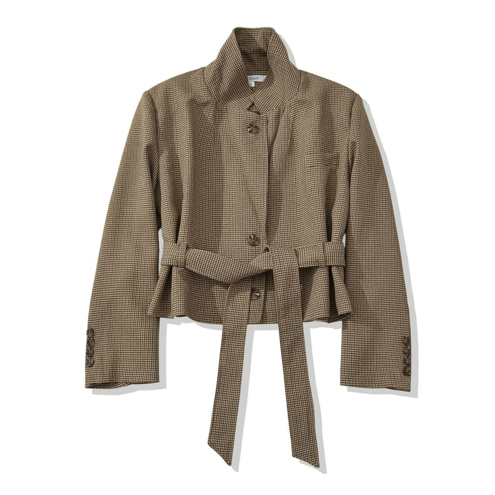 Damen Cropped Blazer mit Taillengürtel, Hahnentrittstruktur und Reverskragen Drune