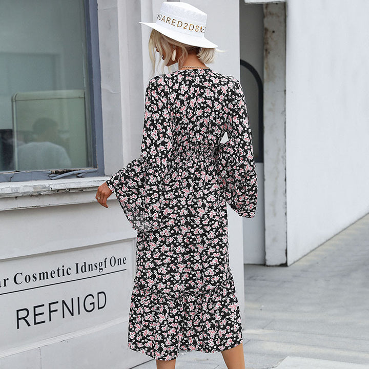 Damen Midikleid im Chiffon‑Look mit floralem Print, V‑Ausschnitt, Glockenärmeln und Stufenvolant Drune