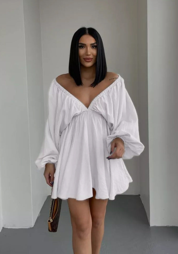Damen lässiges Babydoll-Kleid mit schulterfreiem Ausschnitt und langen Puffärmeln Drune