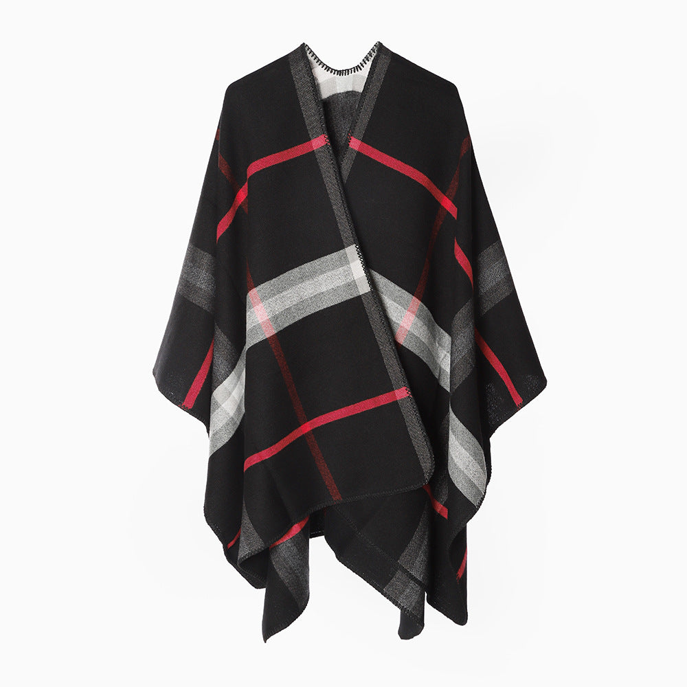 Damen Karierter Wollmix‑Poncho im Oversize‑Cape‑Schnitt mit Zierstichkante Drune