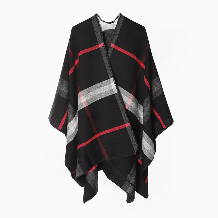 Damen Karierter Wollmix‑Poncho im Oversize‑Cape‑Schnitt mit Zierstichkante Drune