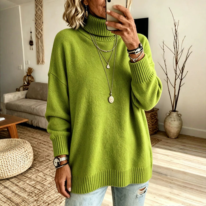 Damen Oversize Rollkragenpullover aus Feinstrick mit gerippten Bündchen und überschnittener Schulter Drune