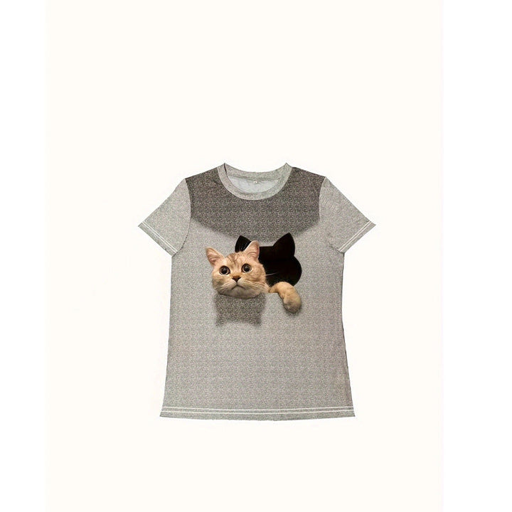 Damen T-Shirt mit 3D-Katzenmotiv und kreativem Rissdesign Drune