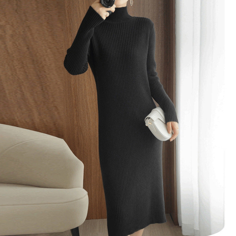 Damen elegantes Strickkleid mit hohem Kragen und feinem Rippdesign Drune
