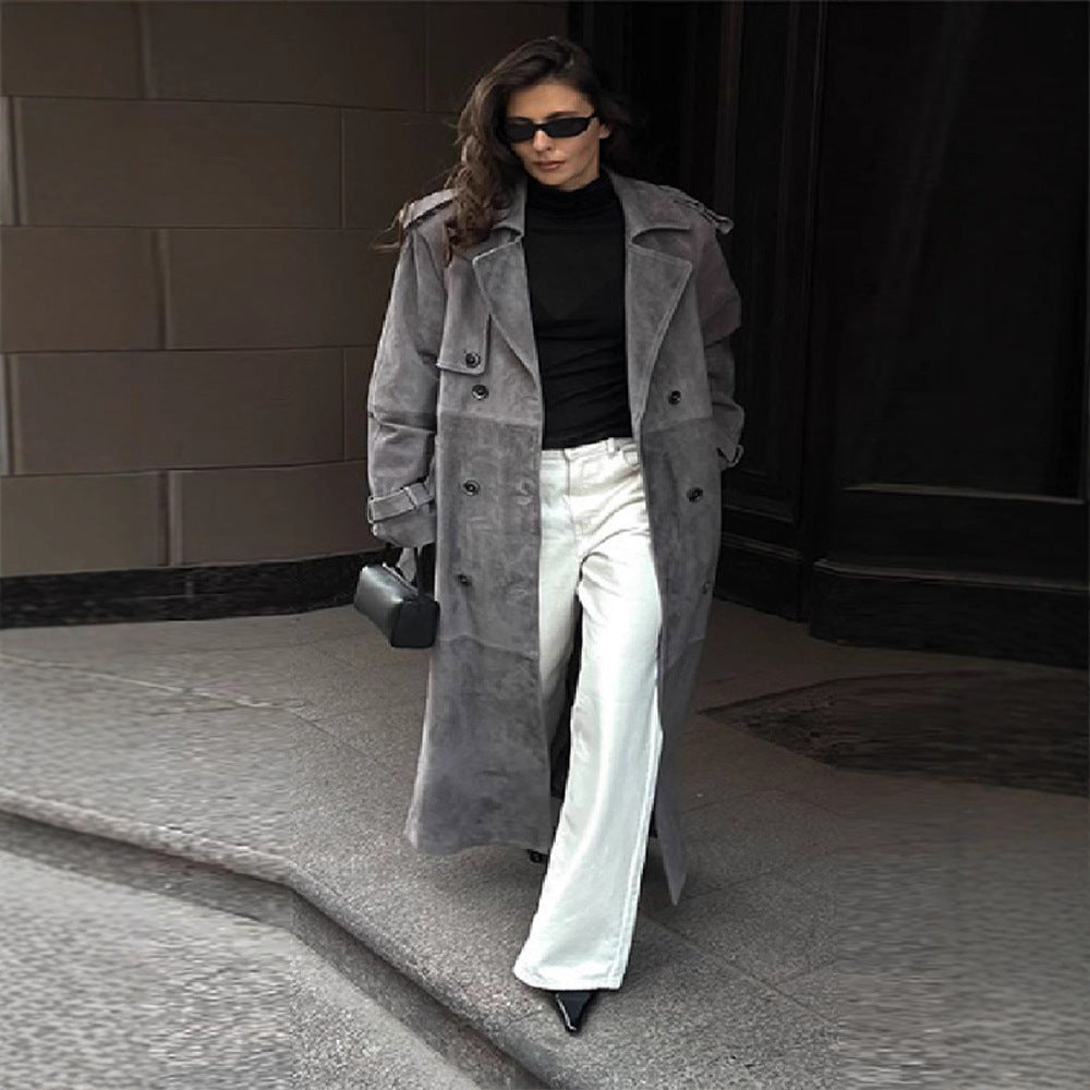 Damen Edler Suede-Trenchcoat mit breitem Kragen und praktischen Taschen Drune