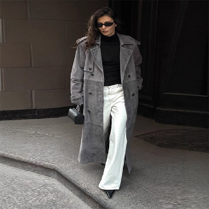 Damen Edler Suede-Trenchcoat mit breitem Kragen und praktischen Taschen Drune