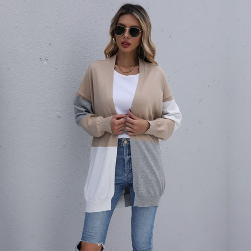 Damen Langer Colorblock-Feinstrickcardigan mit offener Front und überschnittener Schulter Drune