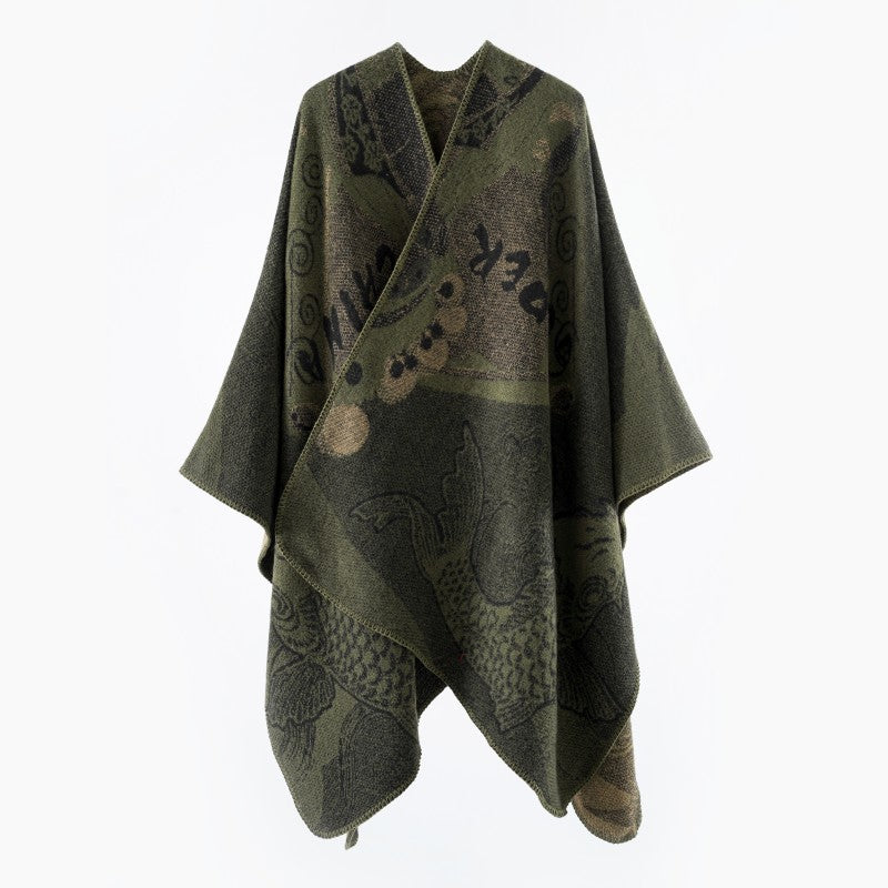Damen Jacquard-Strick Cape mit Koi-Motiv und weitem Oversize-Fall Drune