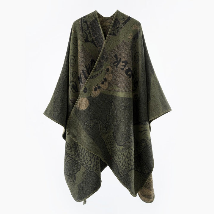 Damen Jacquard-Strick Cape mit Koi-Motiv und weitem Oversize-Fall Drune