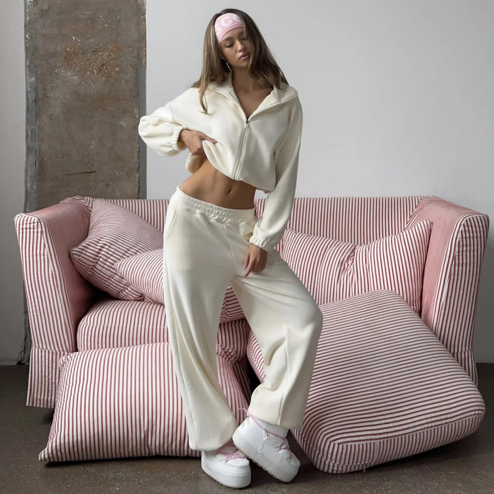 Damen Kuscheliges Fleece-Set mit kurzer Reißverschlussjacke, Stehkragen und weiter Jogginghose Drune