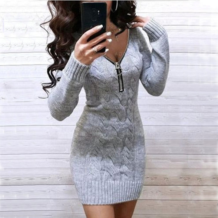 Damen Strickkleid mit tiefem V-Ausschnitt und dekorativem Reißverschluss Drune