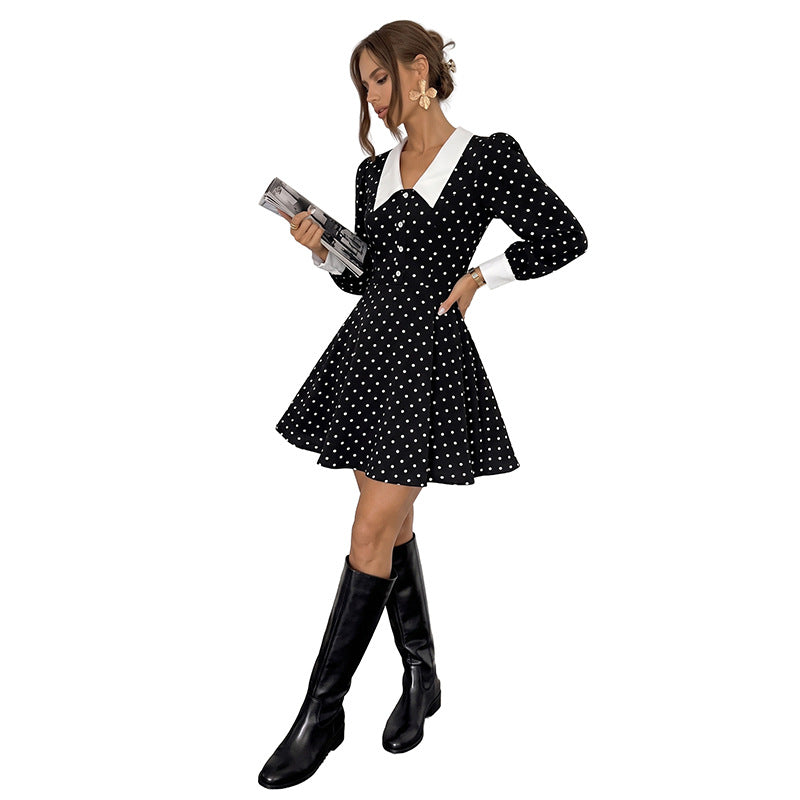 Damen Polka-Dot Minikleid mit Kragen Drune