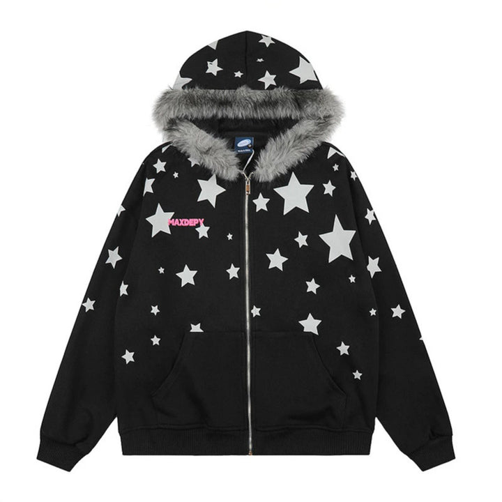 Damen Oversize Kapuzen‑Sweatjacke mit Sternen‑Allover, Kunstfellbesatz und durchgehendem Reißverschluss Drune