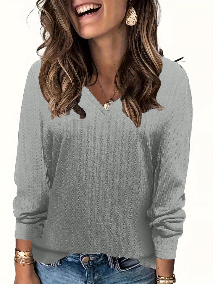 Damen Feinstrick-Langarmshirt mit V‑Ausschnitt und Zopfmuster Drune