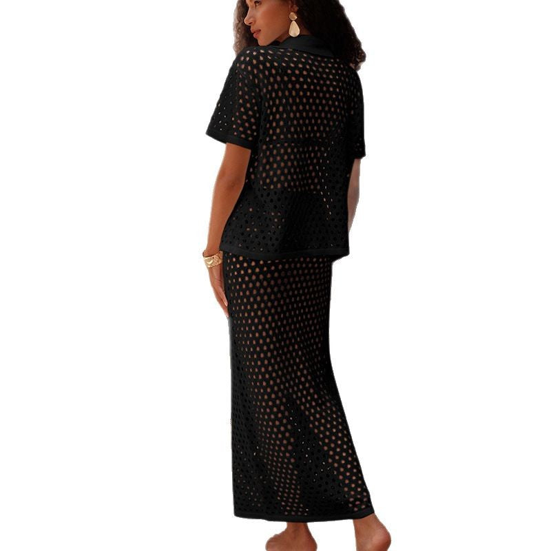 Damen Netz-Outfit mit dekorativer Knopfleiste und Elegantem Schnitt Drune