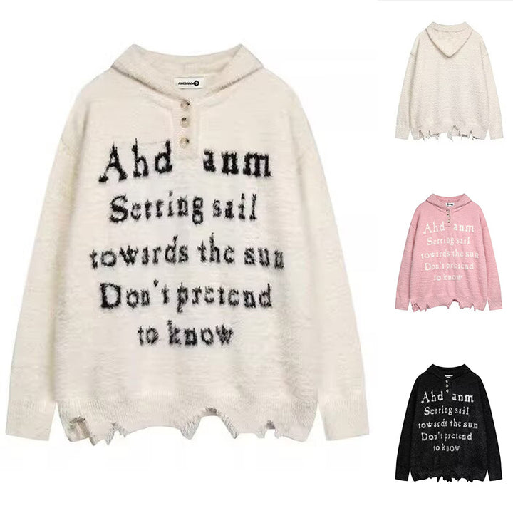 Damen Gemütlicher Oversized-Pullover mit Knopfleiste und grafischem Motiv Drune
