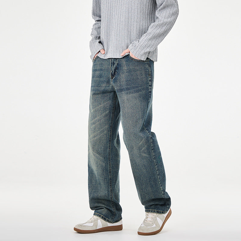 Herren Gerade geschnittene weite Jeans mit hohem Bund und Vintage-Waschung Drune