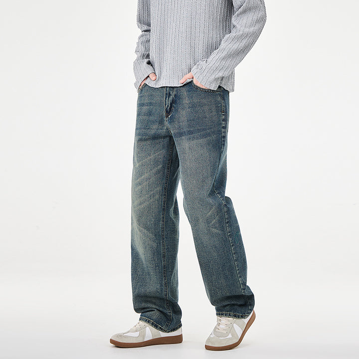 Herren Gerade geschnittene weite Jeans mit hohem Bund und Vintage-Waschung Drune