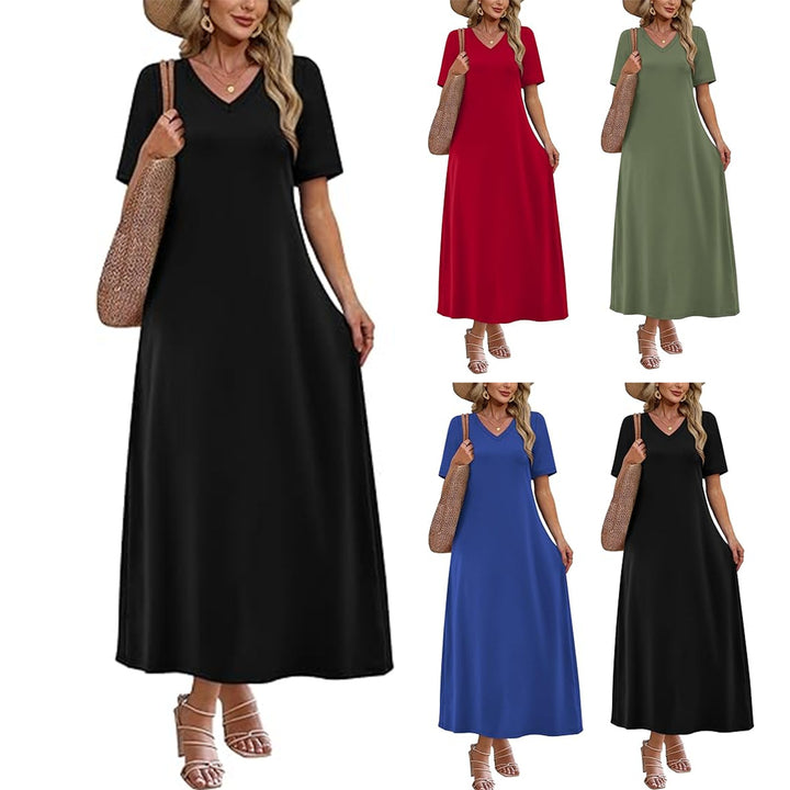 Damen Langes A-Linien-Maxikleid mit V-Ausschnitt, Kurzarm und Eingrifftaschen Drune