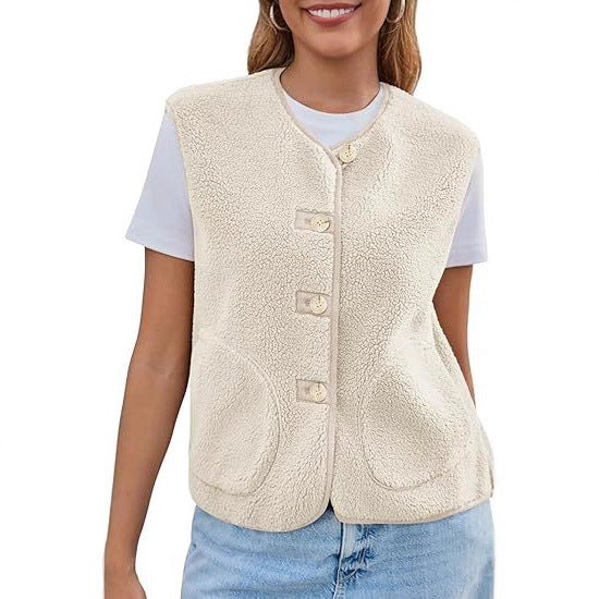 Damen Teddy-Fleece-Weste mit Rundhalsausschnitt und Knopfverschluss Drune