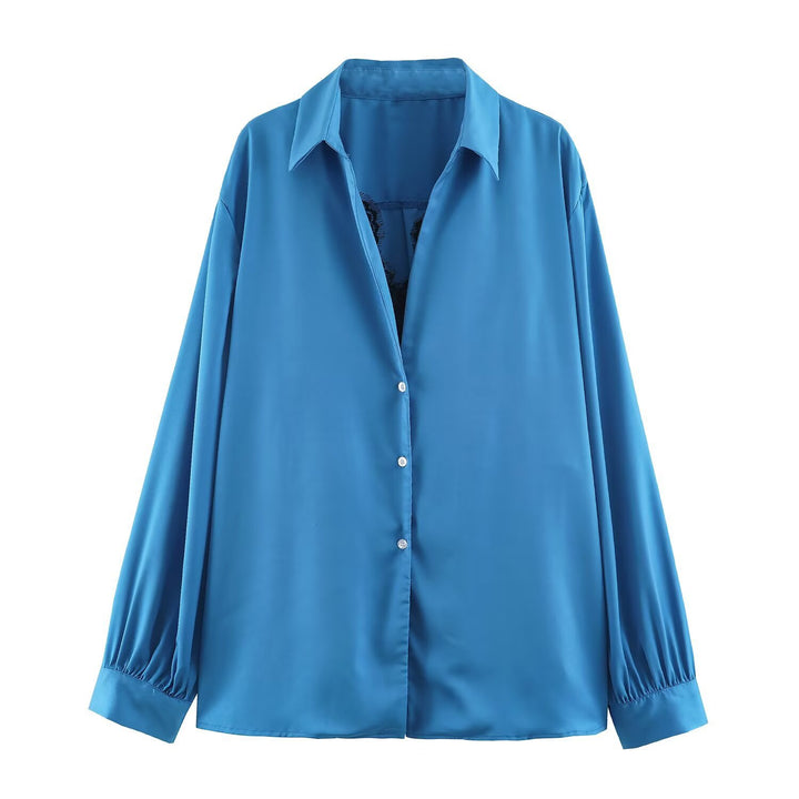 Damen Seidige Oversize-Bluse mit Spitzeneinsatz und Hemdkragen Drune