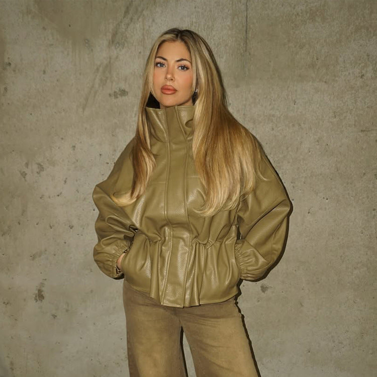 Damen Boxy Kunstlederjacke mit hohem Stehkragen, Tunnelzug-Taillierung und Ballonärmeln Drune