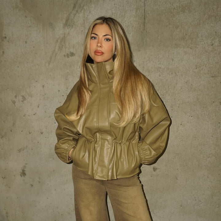 Damen Boxy Kunstlederjacke mit hohem Stehkragen, Tunnelzug-Taillierung und Ballonärmeln Drune