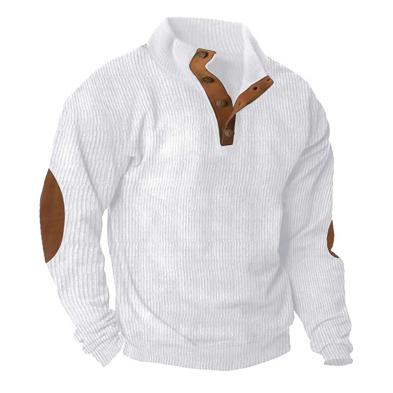 Herren nan grober Rippstrick-Pullover mit Stehkragen, Knopfleiste und markanten Ellenbogenpatches Drune