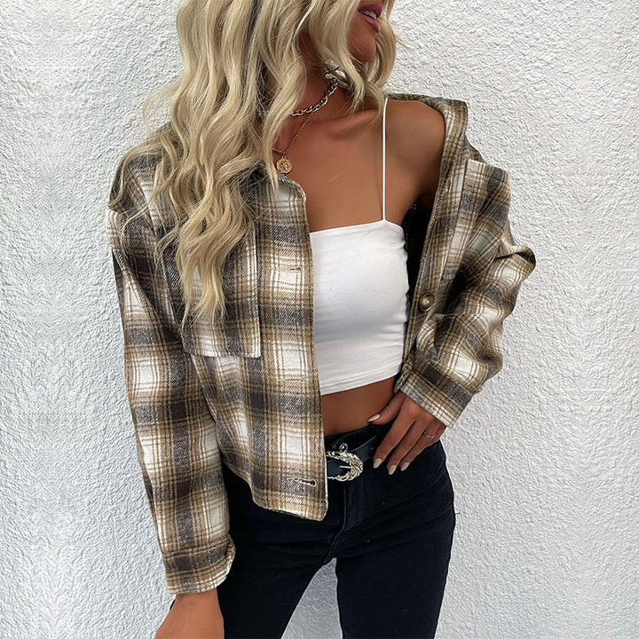 Damen Karo-Umschlaghemdjacke mit kastiger Kurzform und aufgesetzten Brusttaschen Drune