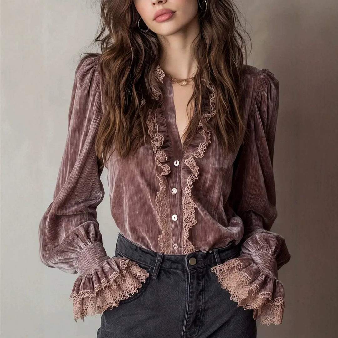 Damen Plissée-Veloursbluse mit Spitzenrüschen und Puffärmeln Drune