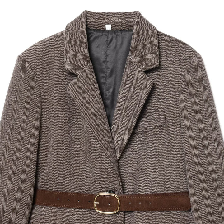 Damen Taillierter Herringbone-Blazer‑Mantel mit Bindegürtel Drune