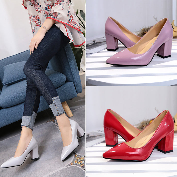 Damen Lack-Pumps mit spitzer Zehenpartie, mittelhohem Blockabsatz und gepolstertem Fußbett Drune