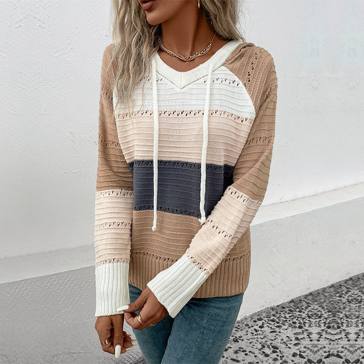 Damen Feinstrick-Kapuzenpullover mit Blockstreifen, V-Ausschnitt und Rippenbündchen Drune