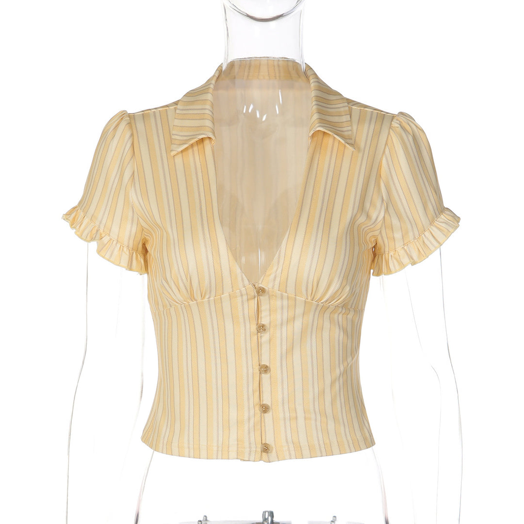 Damen Kurzarm Bluse mit Rüschendetails und V-Ausschnitt Drune