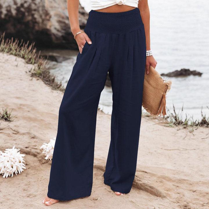 Damen weite Leinenhose mit elastischem Bund und Falten Drune