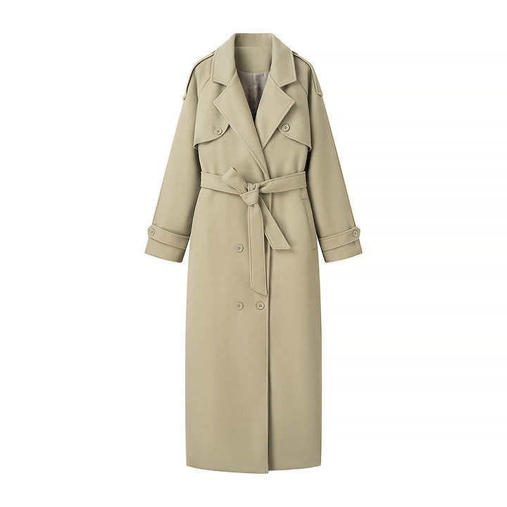 Damen nan maxi Trenchcoat mit doppelreihiger Knopfleiste, Bindegürtel und Epauletten Drune