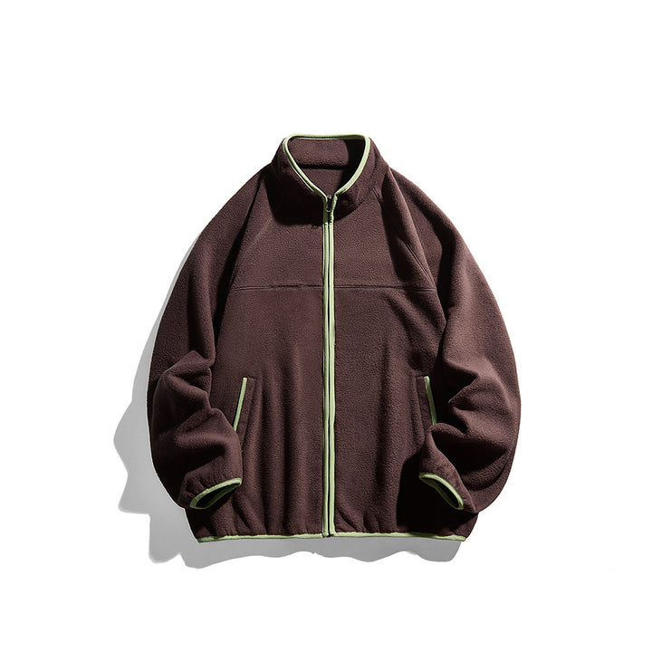 Unisex Oversize Fleecejacke mit Stehkragen, durchgehendem Reißverschluss und Kontrastpaspeln Drune