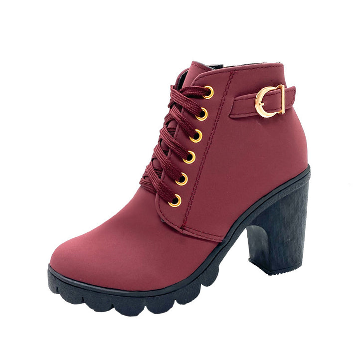 Damen nan elegante Schnür-Stiefelette mit mittlerem Blockabsatz, profilierter Gummilaufsohle und dekorativer Metallschnalle Drune