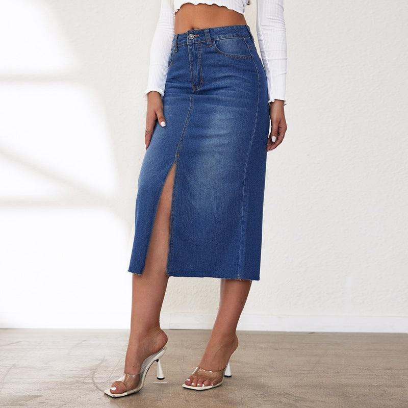 Damen Midi Jeansrock mit seitlichem Schlitz Drune
